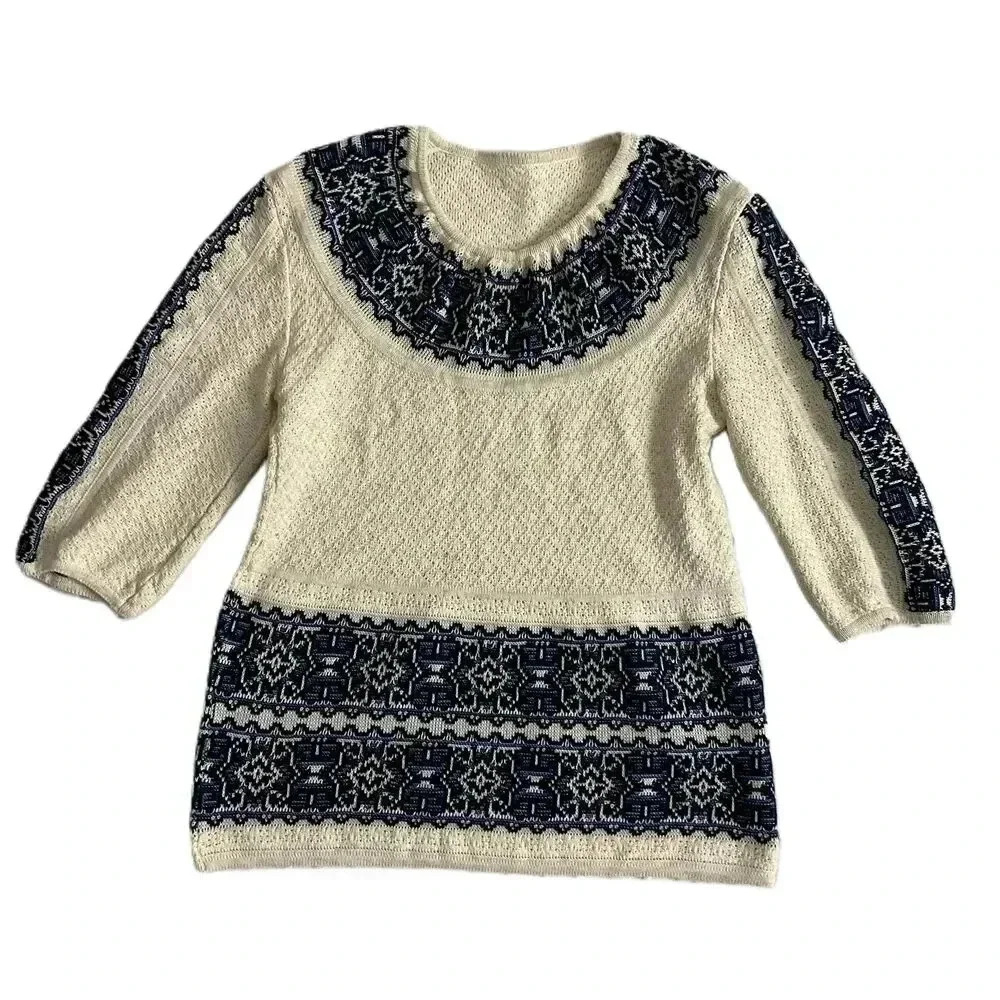 Womens Tribal Blue 3/4 Sleeves Patterned Pullover‎ Sweater Small Medium